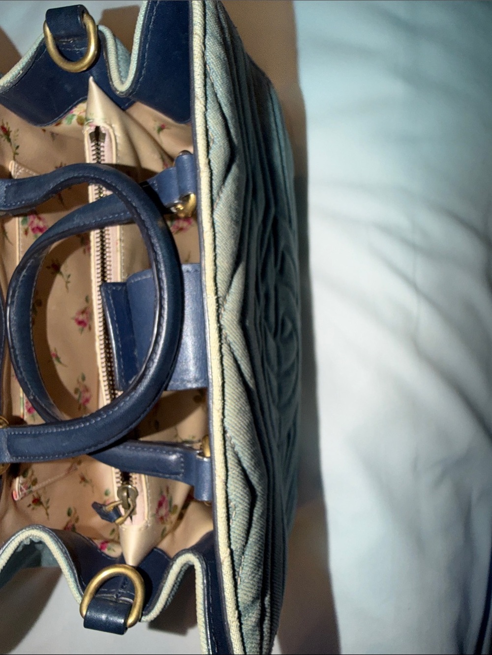 Gucci Small GG Marmont Matelassé Denim Pearl Tote Bag - Picture 14 of 16